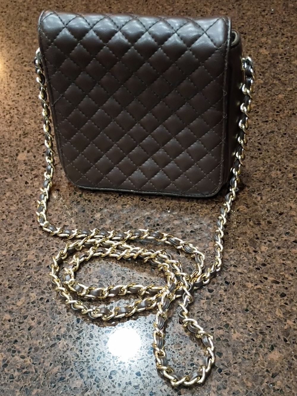Amanda Smith Quilted Brown Leather Crossbody Bag with Gold Chain Strap